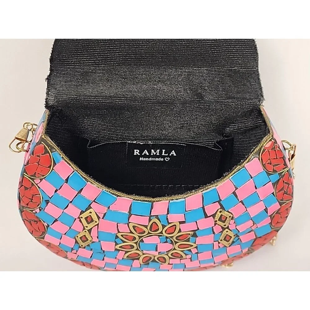 Ramla Mosaic Handmade Bag Pink Blue‎ with Detachable Chain Strap Selling Sunset